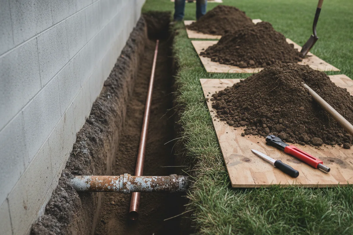 Excavated water line trench during Water Heater Repair in Somersville